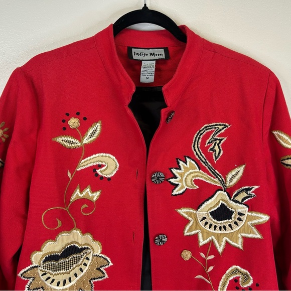 Indigo Moon M Red Floral Embroidered Jacket Floral Oriental Mandarin Buttons - Picture 3 of 15